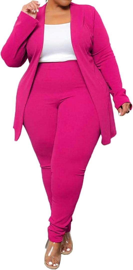 IyMoo Women's Plus Size Fashion Two Piece Outfit Long Sleeve Casual Blazers with Pants Sets Suiting Rose Red 3X