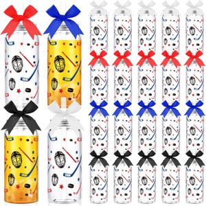 Remerry 24 Sets Hockey Plastic Tumblers with Lid and Straw Bow Decorated Reusable Hockey Plastic Cups Sports Party Favor for Birthday Team Party Decorations Supplies Fan Friend Birthday