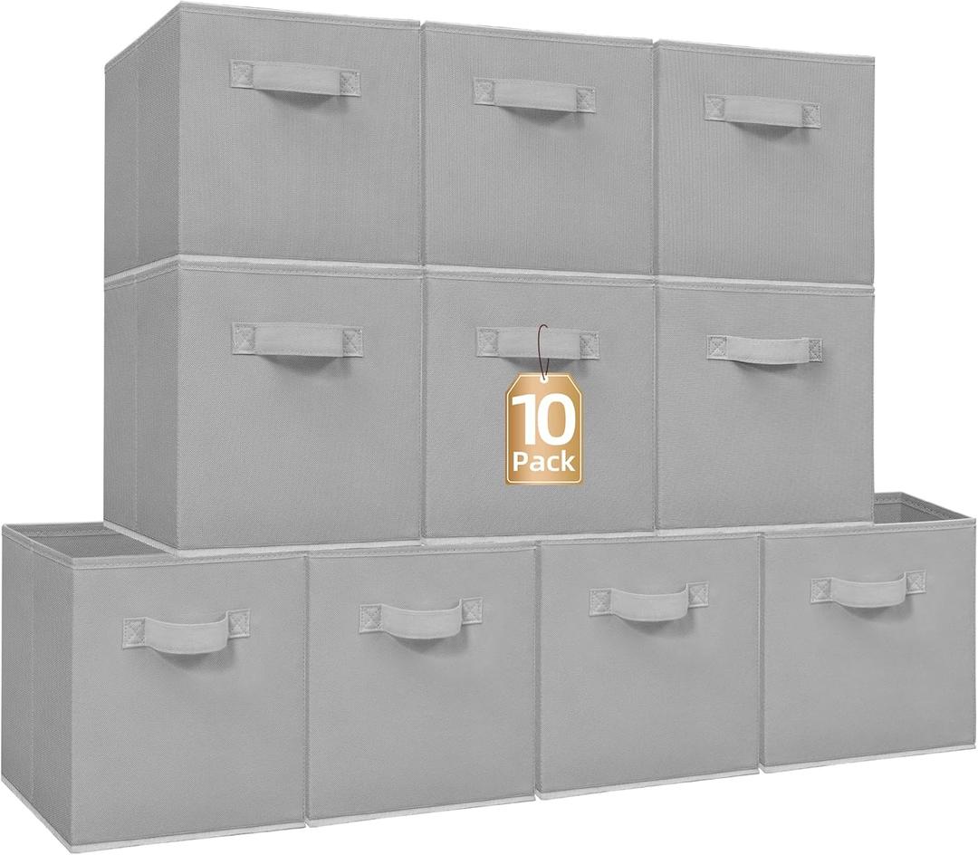 STORAGE MANIAC Storage Cubes, 11 Inch Collapsible Storage Bins with Handles, 10 Pack Fabric Foldable Bins for Organization, Durable Storage Bins for Closet, Shelves, Offices, Toys, 10-Pack Grey