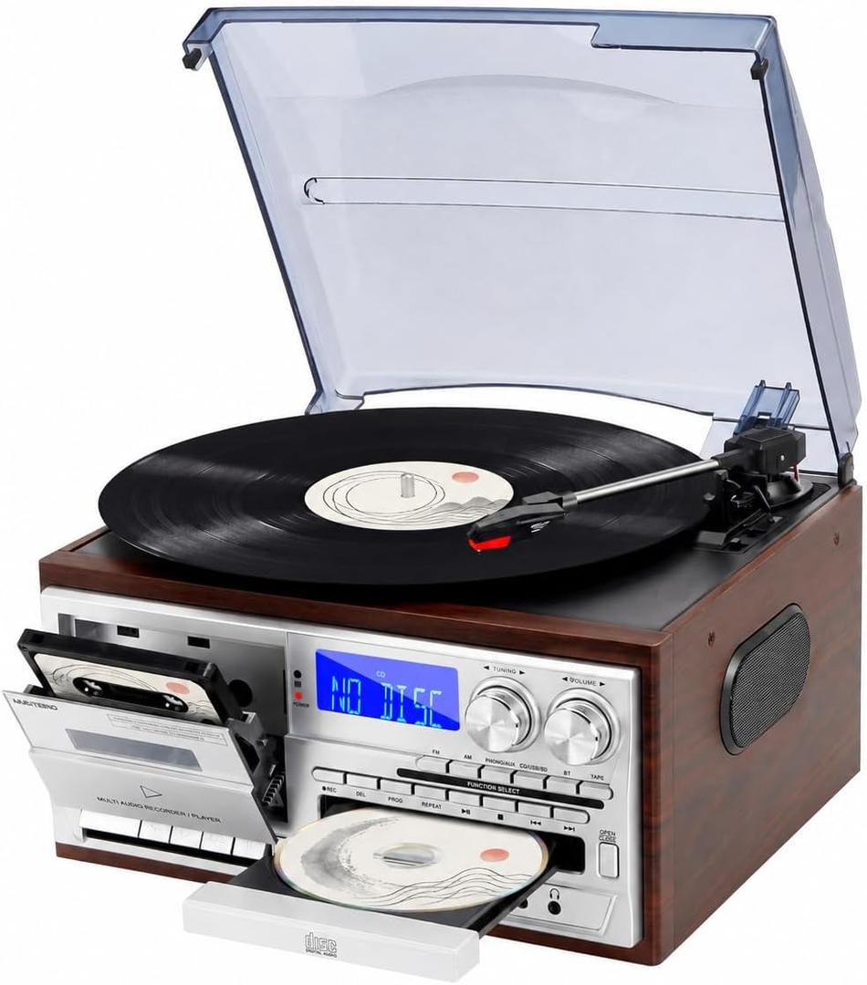 Record Player for Home with Bluetooth Receiver & Transmitter, 9-in-1 Vintage Turntable System, 3-Speed Vinyl, CD/Cassette, USB/SD, AM/FM Radio, Built-in Speakers, RCA Line Out & Remote Control