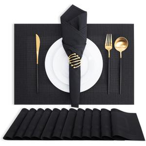 MOSAYT Plastic/Vinyl Placemats Set of 12 - Woven Heat Resistant Place Mats, Washable Outdoor Patio Table Mats for Kitchen/Dining/Party(12 x 18 inch, Black)