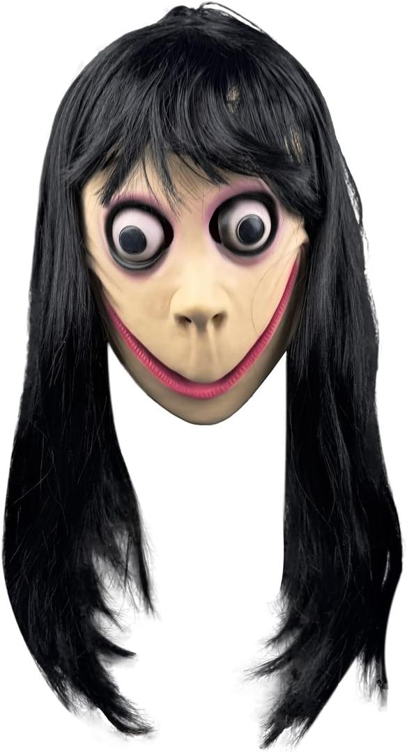 HELAOGUI Momo Mask Full Head Latex for Adults, Terrifying Horror Costume with Long Black Hair for Halloween Haunted House