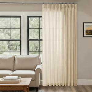 Beige Patio Sliding Door Curtains 100 Width 102 Inches Long Pinch Pleated Drape with Hooks Rings Light Filtering Semi Sheer Farmhouse Extra Wide 100x102 Curtain Panel for Living Dining Room