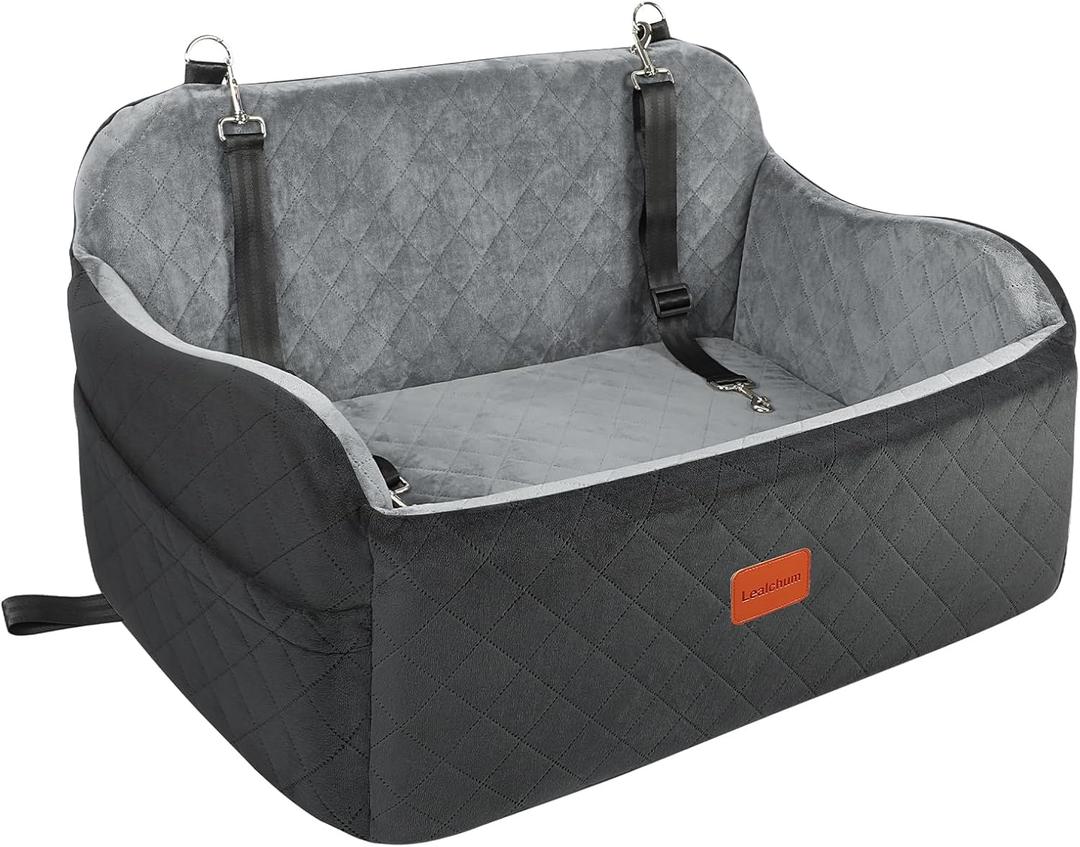 Lealchum Dog Car Seat Up to 55lb,2 Clip-On Safety Adjustable Leashs Car Dog Bed for 2 Small Dogs,Fully Detachable and Washable Pet Car Seat with 2 Storage Pockets,Easy to Install(Black/Grey, Large)