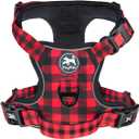 PoyPet No Pull Dog Harness, [Release at Neck] Reflective Adjustable No Choke Pet Vest with Front & Back 2 Leash Attachments, Soft Control Training Handle, Plaid(Checkered Red, S)