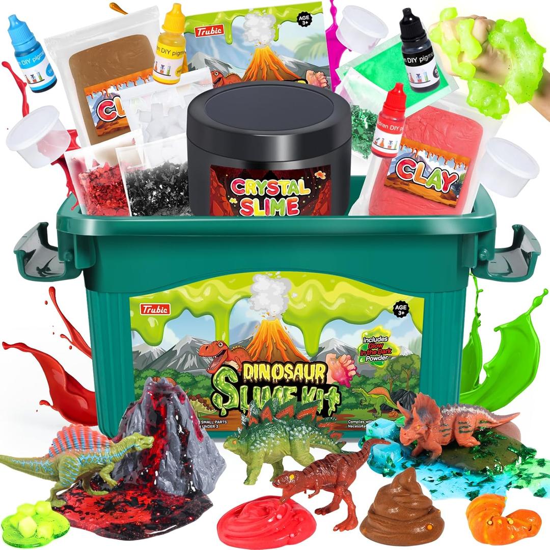 Dinosaur Slime Making Kit for Boys, Butter and Crystal Slime, Glow in The Dark and Add-ins with Storage Box, Dino Figurines with Lava, DIY Birthday Party Favors Gift Toys for Kids 6-12