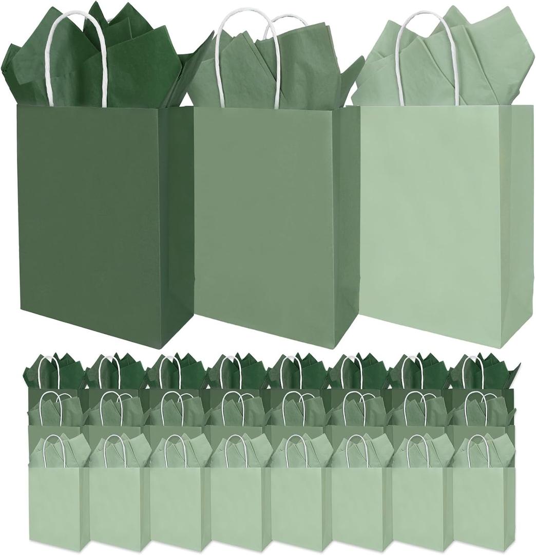 36 Pack Sage Green Gift Bags Spring 3 Colors Paper Bag with Handles and Tissue One Lucky Duck Colorful Wrapping Bags for Mallard Duck Baby Shower Birthday Party Supplies, 6.3 x 3.1 x 8.7 In, 1 Count