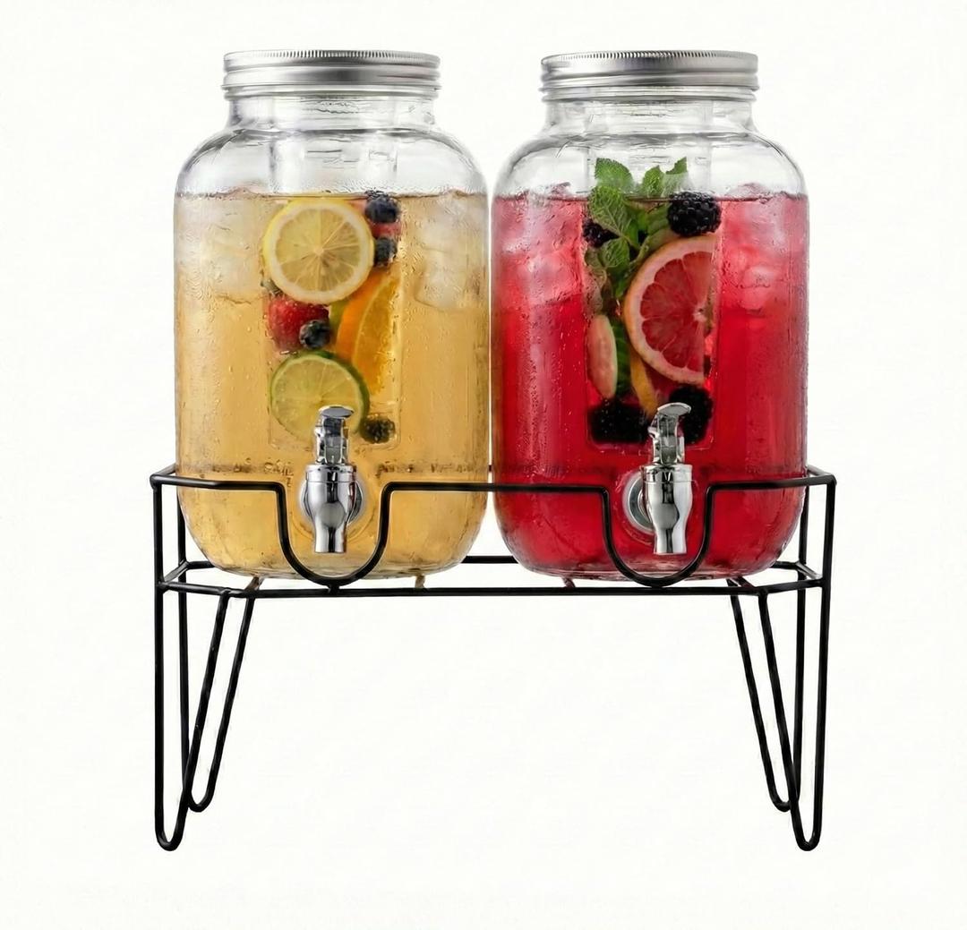 Style Setter Clifford Set of 2 Beverage Dispensers with Infuser & Metal Stand, Silver Lid, Cold Drink w/ 1 Gallon Capacity Glass Jug and Acrylic Spigot