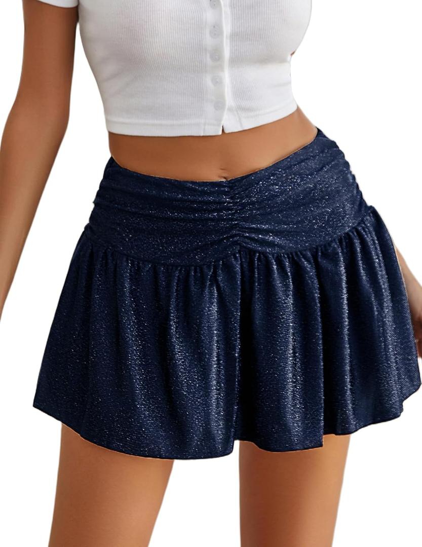 Avidlove Women Ruffle Skirt Ruched Waist Short Skirts Sexy Glitter Skirt Mini Lingerie Skirts (Blue)