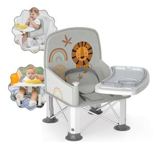 Baby Travel Booster Seat with Double Tray, BabyBond Upgraded Toddler Portable Baby Chair, Booster Seat for Dining Table, Stable and Foldable Booster Baby Chair for Indoor/ Outdoor (Grey Lion)