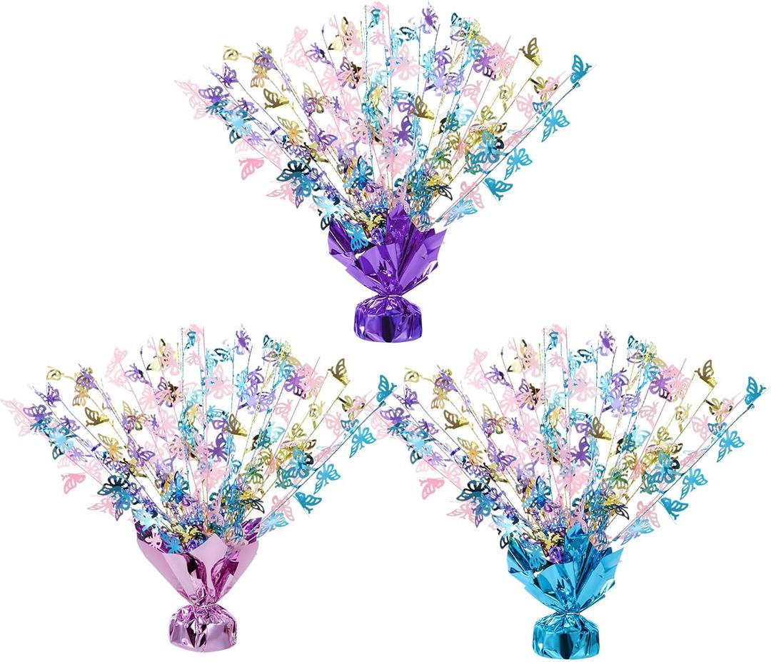Ceenna 3 Piece Butterfly Table Decorations Metallic Gleam Foil Spray Centerpieces Multicolor Butterflies Model Glitter Plastic Table Centerpieces for Butterfly Birthday Party Supplies, Blue, Pink, Violet