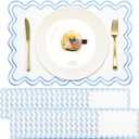 36 Pcs Cotton Linen Placemats 13x19 Inch Wavy Embroidery Scalloped Place Mats Double Layered Washable Rustic Table Decor for Kitchen Restaurant Hotel Dining Accessories(White with Blue)