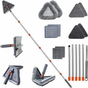 Upgraded Wall Cleaner Mop & Baseboard Cleaning Tool with 98" Long Handle, Duster Mop for Painted Wall, Ceilings, Windows, Floor, 2-in-1 Triangle & Rectangle Head with Squeegee, 10 Washable Pads