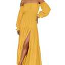 ZESICA Women's 2024 Boho Sexy Off Shoulder Long Sleeve Smocked High Waist Side Split Flowy A Line Tiered Long Maxi Dress, Yellow, X-Large