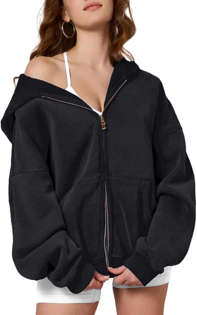 Dnzzs Womens Zip Up Hoodie Oversized Acid Wash Sweatshirts Heavyweight Fall Fashion Outfits Casual Jackets Winter Clothes (Large, Black)