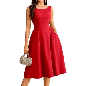 Bridesmay Women's Elegant Crew Neck Swing A Line Wedding Guest Dress Sleeveless Formal Midi Dress with Pockets 2026 Medium