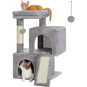 PAWZ Road Cat Tree, 30 Inches Cat Tower with Dual Condos for Indoor Cats, Plush Cat House with Padded Perch, Scratching Ramp and Posts and Replaceable Balls-Gray