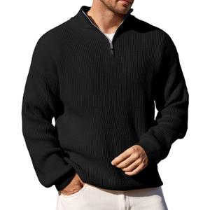 Men's Big Tall Quarter Zip Sweater Mock Neck Pullover Sweaters Fall Winter Casual Knit Pullovers (Black, XXXL)