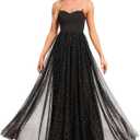 Women's Sparkly Prom Gowns Glitter Sequin Tulle A Line Long Formal Evening Gown Dresses High Waist Maxi Party Dress (Black, L)