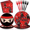 Grencian 96 Pcs Ninja Birthday Party Decorations Ninja Warrior Plates Supplies Disposable Heavy Duty Ninja Master Tableware Set for Kids Boys Karate Party Favors Serves 24 (Red & Black)