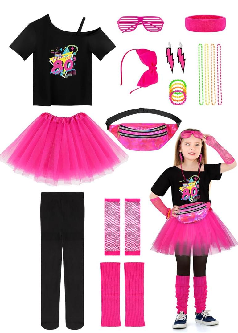 AOTHSO 18 Pieces 80s Outfit for Kids Girls 80s Costume Accessories Set Halloween Cosplay 1980s Party S