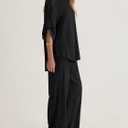 BWQ Womens linen 2 Piece Outfits Long Sleeve Button Down Shirt Wide Leg Pants Lounge Set S-2xl (Black, L)