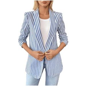 Floerns Women's Striped 3/4 Sleeve Blazer Jacket Collared Neck Business Casual Suit Jacket, L
