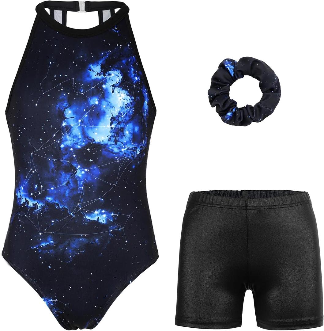 Gymnastics Leotards for Girls With Shorts Sparkly Ballet Dance Clasp Back Activewear (10-11 Years, Black Planisphere Set)