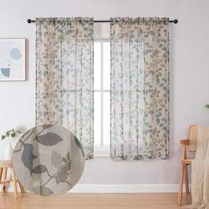 OWENIE Floral Sheer Curtains with Pattern 63 Inches Long 2 Panels Set for Living Room Bedroom, Sheer Floral Curtains with Printing Leaf Design Rod Pocket Light Filtering Farmhouse Curtains 42W 63L