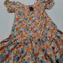 Dressystar Floral Summer Dress V Neck Midi Women Sun Dresses Short Sleeve Ruffle Casual Boho Vacation (Large, Orange Blue Flower)