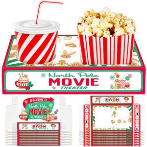 20 Pcs Christmas Movie Night Supplies Movie Night Paper Snack Trays Popcorn Candy Holder Cardboard Snack Holder Food Trays(Cute Christmas) (Green,red)