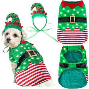Abbylike Christmas Dog Elf Costume Outfit & Headband with LED Light Cat Costume Clothes for Small Medium Large Dogs(Small)