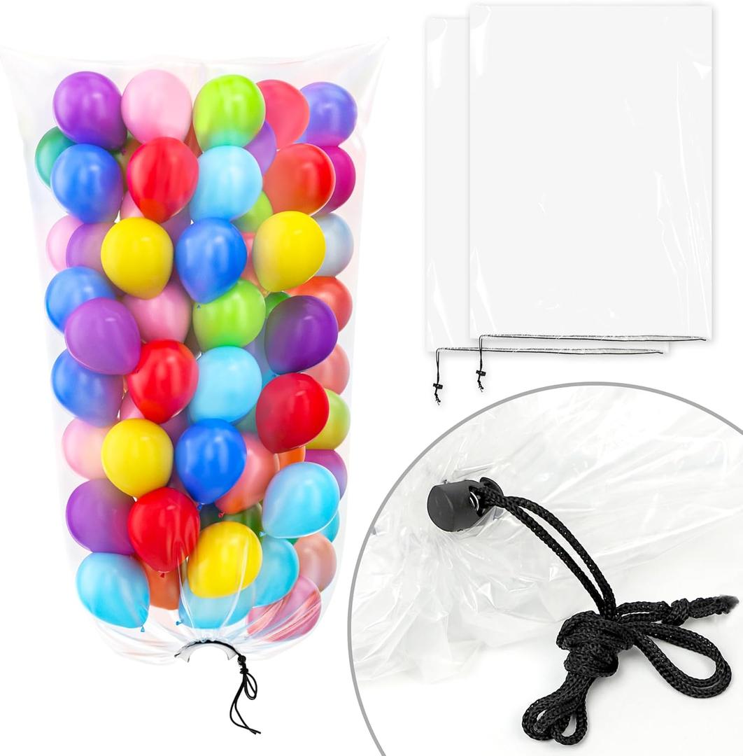 Bezente 2 Pack Balloon Bags 98.4x59 Inches Balloons Bag for Transport Extra Large Plastic Reusable Clear Storage Balloon Drop Bags with Pull Cord for Wedding,Birthday,Party Supplies