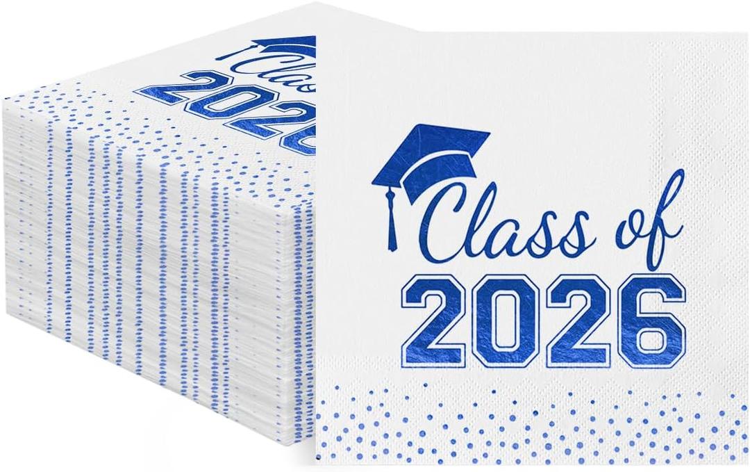 Horaldaily 100 Class of 2026 Graduation Disposable Paper Decorativeeon Napkins, White and Blue Foil dots, College High School Grad Celebration Hand Towel for Party Dinner Kitchen Bathroom