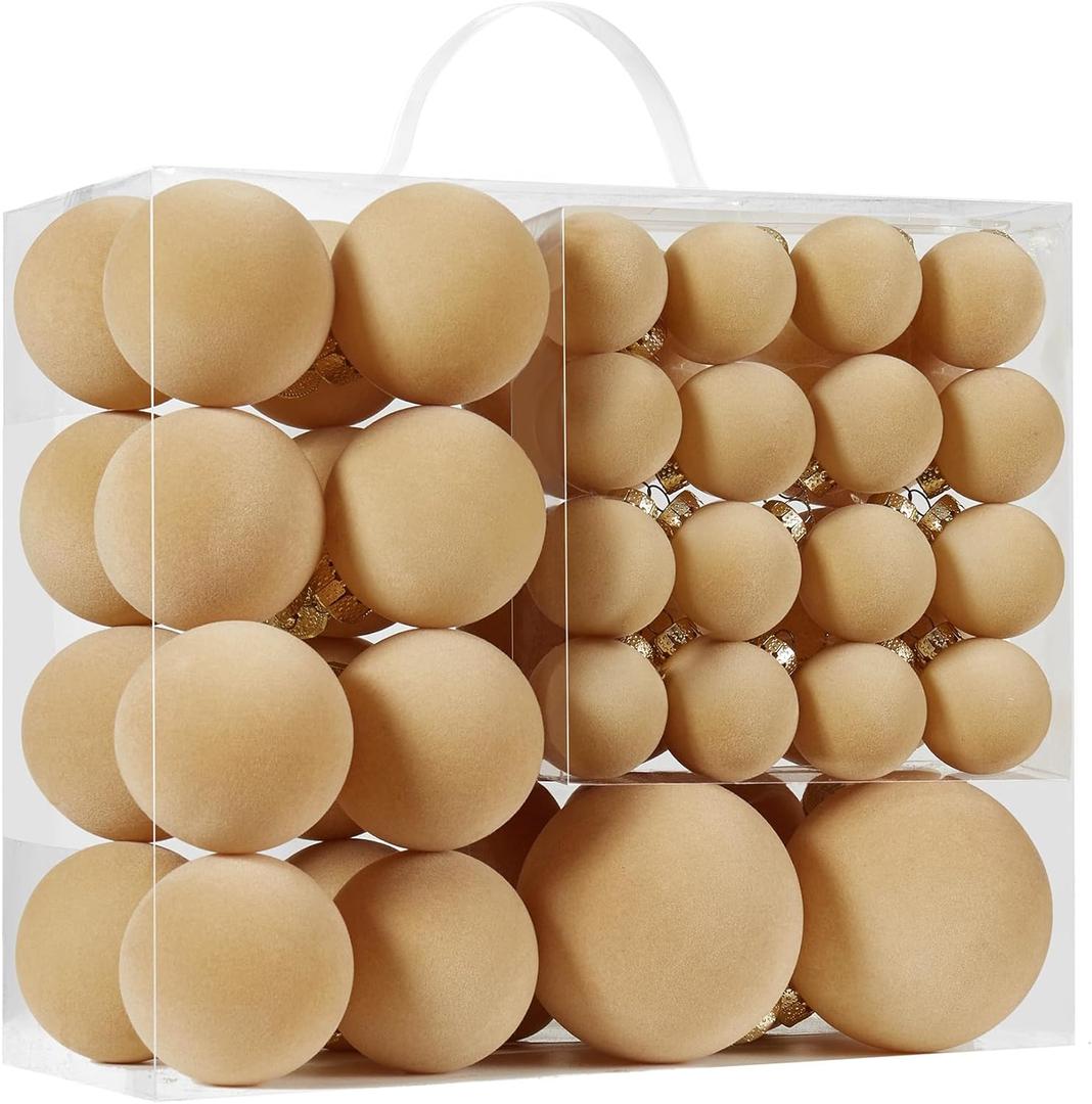Velvet Christmas Ball Ornaments Set-46pcs Flocked Shatterproof Christmas Tree Decorations Plastic Xmas Decorative Hanging Ornaments for Xmas Holiday Home Decor, 3 Sizes (Light Khaki)