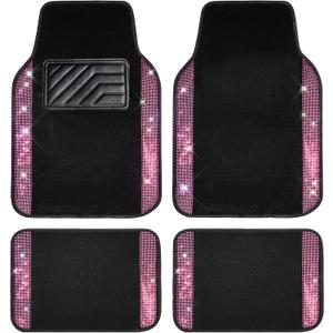 CAR PASS Bling Diamond Car Floor Mat Shining Rhinestones Carpet, Sparkly Glitter Crystal Anti-Slip PVC Heel Pad Automotive Universal Fit for SUV Sedan Car Van, 4pcs for Girl Cute Women, Black Pink