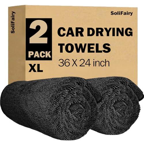 SoliFairy Car Drying Towel (36"x 24"/3ft x 2ft), 2 Pack Ultra Absorbent Microfiber Drying Towels for Cars, Leave No Streaks, Scratches or Water Spots, Extra Large Drying Towels Car Detailing for Cars