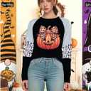 Graphic Shirts Women Pumpkin T Shirt Grateful Blessed Print Long Sleeve Blouse Leopard Striped Fall Tee (S)