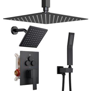 Dasan Matte Black Dual Shower Heads System with Ceiling 12-Inch Rainfall Shower & Wall Mount 6-Inch High Pressure Shower Head, Full Body Dual Shower Set with Handheld Sprayer, 3-Function Shower Faucet