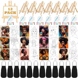 Motipuns 12 Set Pre Drawn Canvas for Painting for Adults Sip and Paint Kit with Easels 8 x 10 Inches Paint Party Kit with Printed Canvas Paints Brushes Palette Bag Apron(Afro Queen)