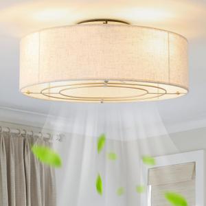 Low Profile Ceiling Fans with Lights, 20" Boho Rattan Ceiling Fan with Light Flush Mount and Remote Control, Drum Caged with 6 Speeds for Bedroom, Nursery, Living Room