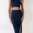 PRETTYGARDEN Women's Summer Midi Bodycon Dresses Casual Crew Neck Side Slit Sleeveless Knit Cut Out Tank Top Dress (M)