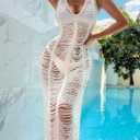 OYOANGLE Women's Crochet Hollow Out Swimsuit Cover Up Deep V Neck Sleeveless Beach Midi Dress Swimwear (White, S)