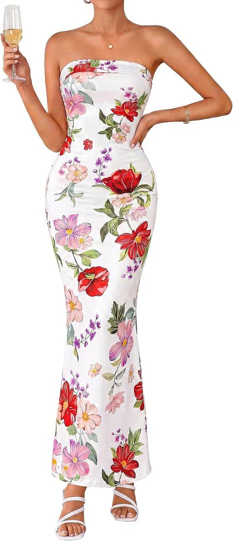 PRETTYGARDEN Womens Strapless Maxi Dress 2026 Summer Floral Bodycon Sleeveless Tube Back Slit Wedding Guest Cocktail Dresses (L)