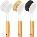 Holikme 3 Pack Dish Brush Set with Bamboo Handle, Kitchen Brushes for Cleaning Pot, Sink and Stove, Skillet Scrubber with Tough Bristles for Cast Iron Grill Pan, Yellow White Black