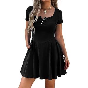 Women Summer Square Neck Mini Dresses Button Down Drop Waist T Shirt Dress Short Swing Sundress with Pockets