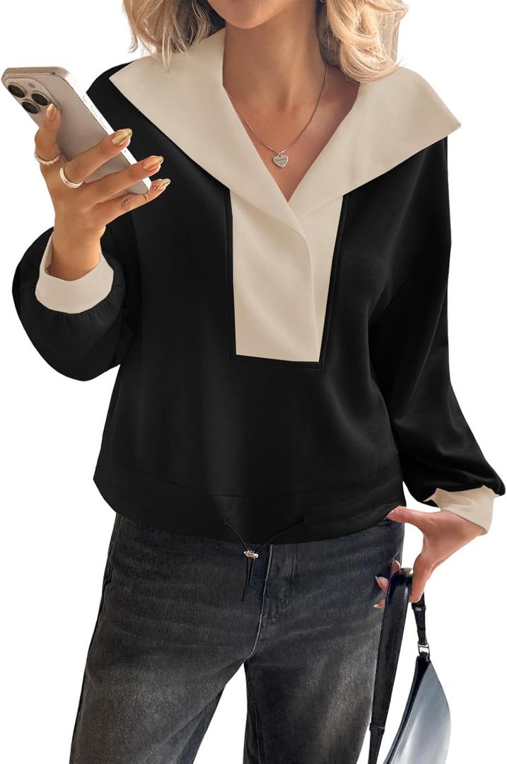 Fisoew Womens Cropped Oversized Sweatshirt Casual Lapel V Neck Long Sleeve Contrast Drawstring Loose Fit Fall Pullover Tops (Large, Black)