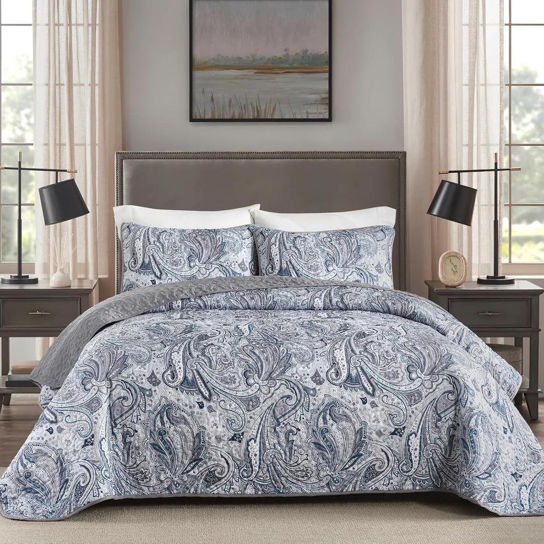 DJY Grey Paisley Quilt Set King Size Boho Paisley Bedspread Coverlet Set 3 Pieces, Soft Lightweight Microfiber Morandi Gray Paisley Floral Pattern Bedding Set for All Season, 104"x90"
