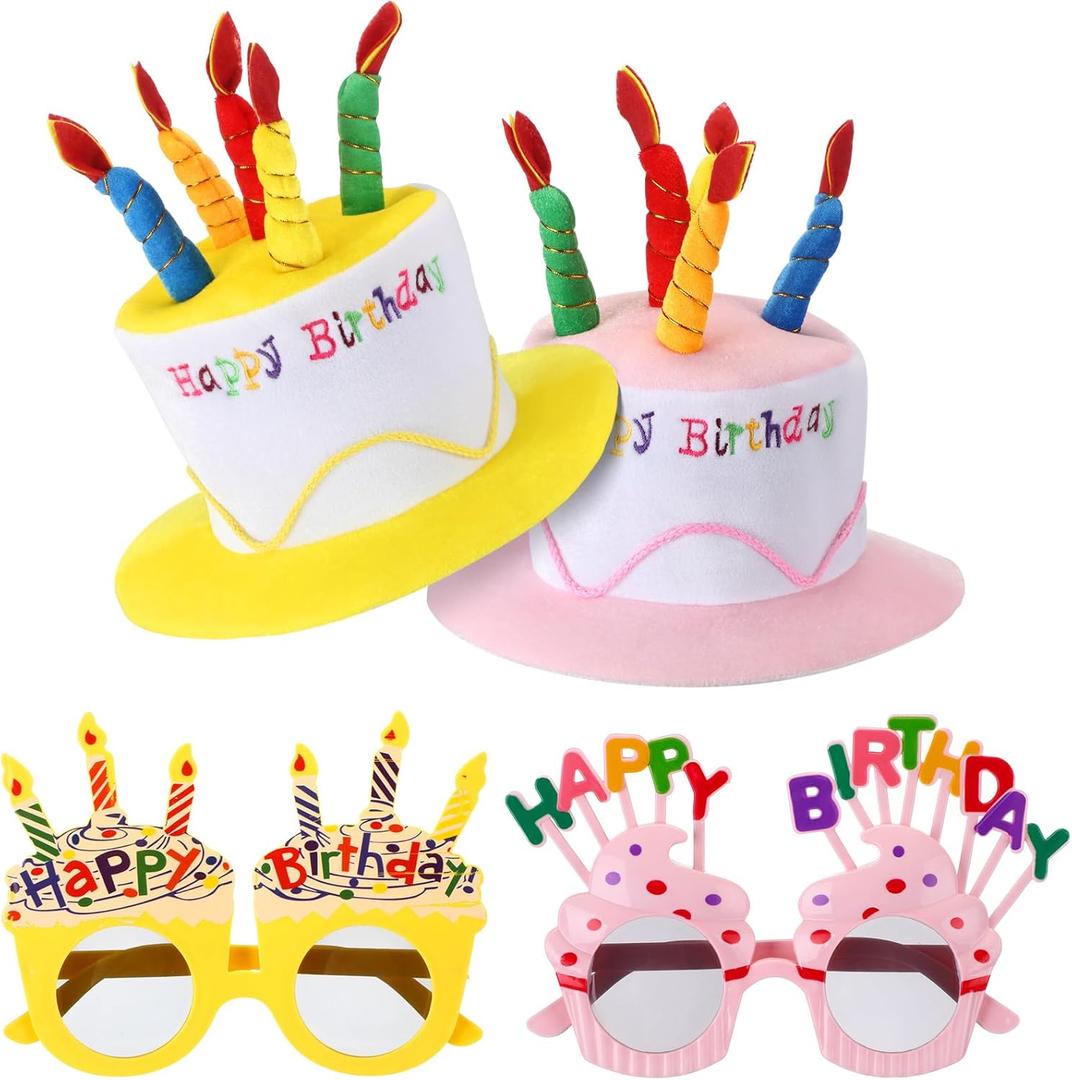 Coume 2 Plush Birthday Hats for Adults, 2 Sweet Cream Glasses, Party Novelty Decorations Happy Birthday Hats (Pink, Yellow)