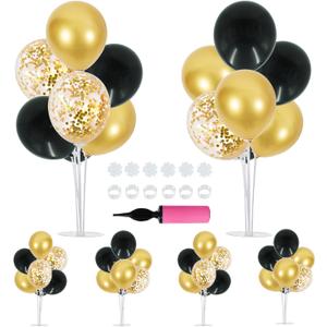 TONIFUL 6 Set Balloon Centerpieces for Table Black Gold Confetti Balloon Stand Kit for 2025 Graduation Party Decoration Birthday Anniversary New Year 2025 Party Decorations